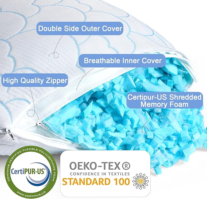 Cooling Pillows Queen Size Set of 2, Shredded Memory Foam Pillows for Sleeping 2 Pack, Soft Breathable Bamboo Cool Cold Bed Pillow Adjustable Firm Gel Pillow for Hot Side Back Stomach Sleepers ﻿