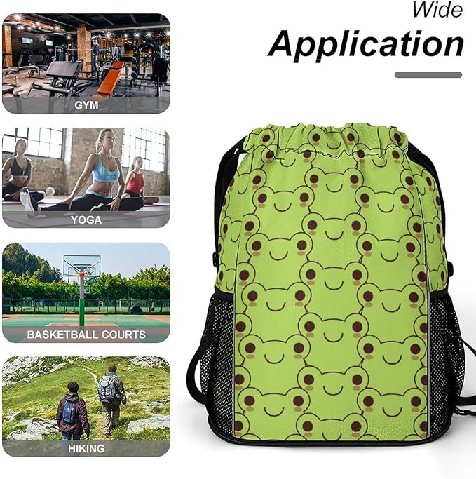 Frog Drawstring Backpack - Cute Cinch Sack, String Backpacks with Pocket for Kids Women Men Boys Girls for Gym Outdoor Sports Travel Athletic Drawstring Bag - Lightweight/Foldable