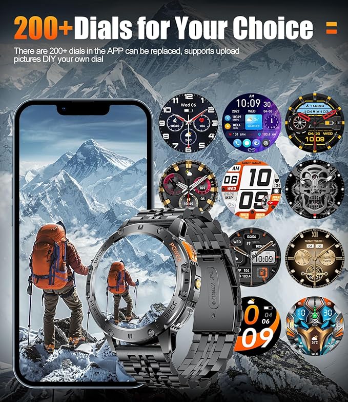 Smart Watch for Men for Android/iOS(3 Bands),1.43’’ AMOLED Display Sport Watch with 123 Sport Modes/FlashLight,5ATM Waterproof Fitness Tracker with Blood Pressure/Heart Rate/Sleep Monitor,Metal