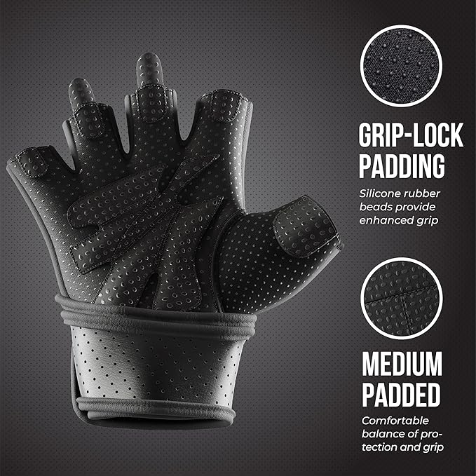 5737 Womens Padded Wrist Wrap Weight Lifting Gloves w/GripLock Padding (Pair) - Machine Washable Fingerless Workout Gloves w/Wrist Support Designed for Women