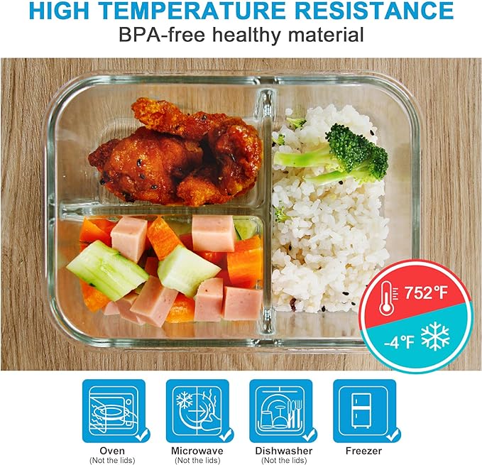 DAS TRUST 3 Pack Bento Box Glass Meal Prep Containers with Lids - 3 Compartment Glass Food Storage Containers for Microwave Oven