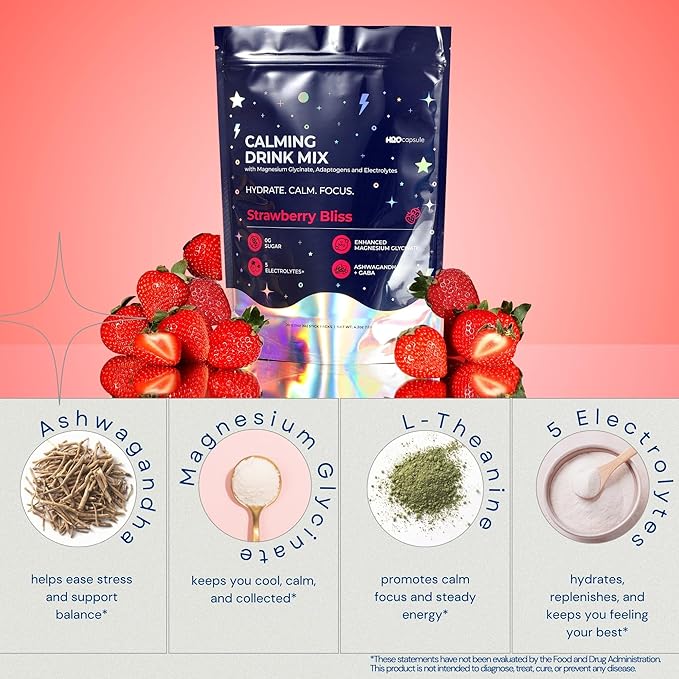 Calm Magnesium Glycinate Drink Mix with Electrolytes – Sugar Free Powder with Ashwagandha, L-Theanine, Vitamin B & GABA – Cortisol Support, Stress Relief, Hydration & Focus - 20 servings (Strawberry)