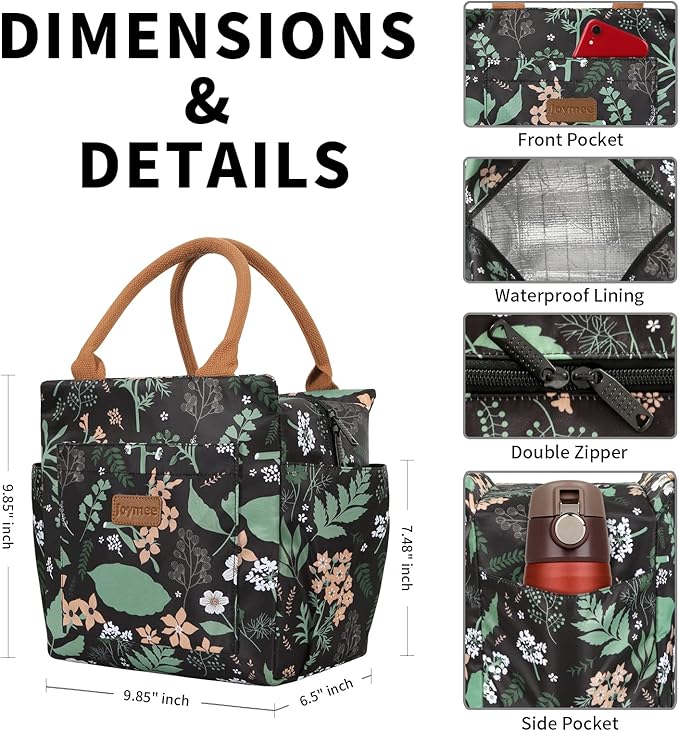 Joymee Lunch Bag - Green Leaf, Women's Insulated Reusable Durable Leakproof Large Spacious Cooler Tote for Office, Picnic, Camping