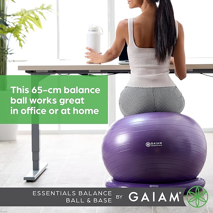 Gaiam Essentials Balance Ball & Base Kit, 65cm Yoga Ball Chair, Exercise Ball with Inflatable Ring Base for Home or Office Desk, Includes Air Pump