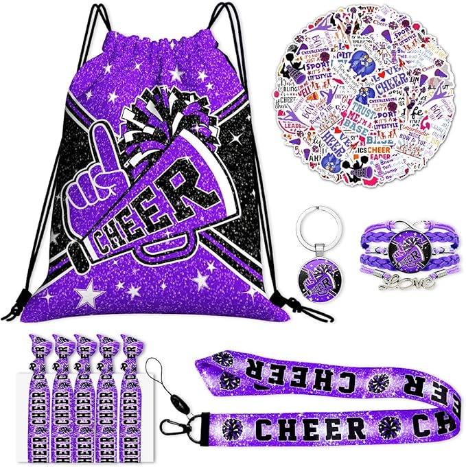 Cheerleading Drawstring Bag Set Including Drawstring Sackpack Stickers Lanyard Keychains Bracelets Hair Ties 6 Pcs(Purple)