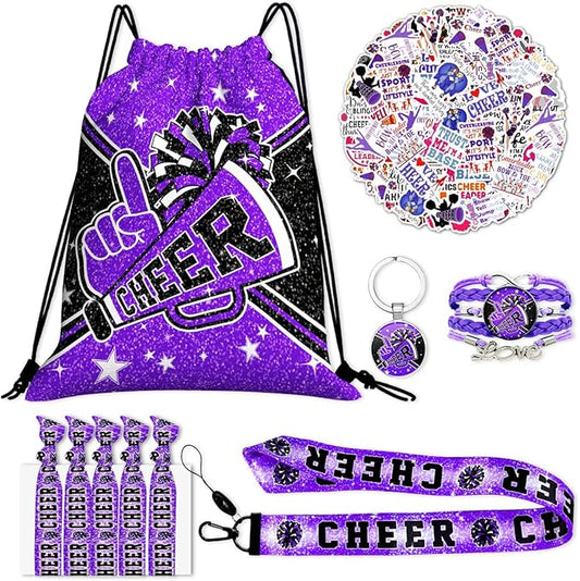 Cheerleading Drawstring Bag Set Including Drawstring Sackpack Stickers Lanyard Keychains Bracelets Hair Ties 6 Pcs(Purple)