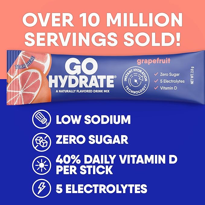 GoHydrate Instant Hydration Powder Packets - Low Sodium Electrolytes Drink Mix - Natural Hydration Support, Sugar Free Electrolyte Flavored Powder Drink with Vitamin D, 30 Packs, Grapefruit