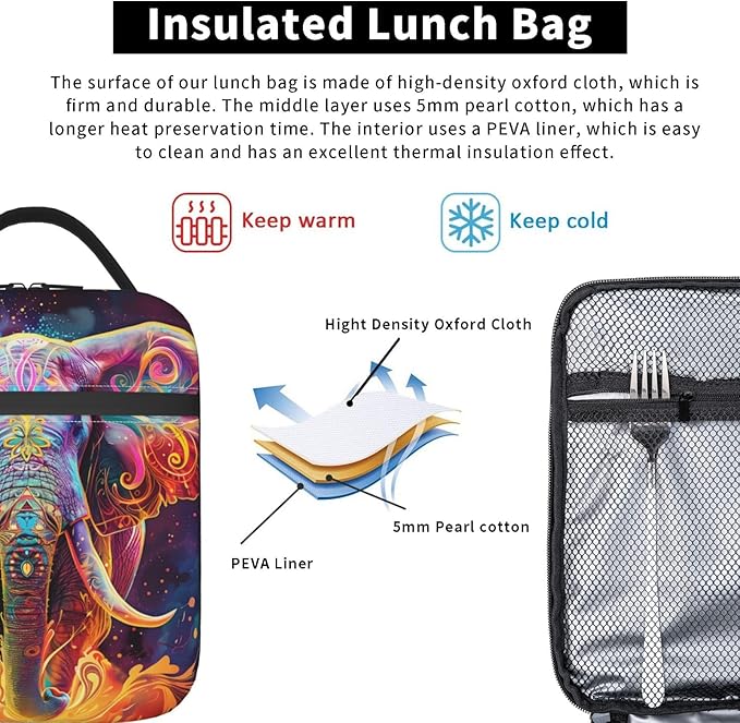 Colorful Elephant Lunch Box for Women Girls Kids, Insulated Cooler Vibrant Elephant Lunch Bag for School, Picnic, Office, Work, Travel, Portable Polyester Thermal Reusable Tote Lunch Bags