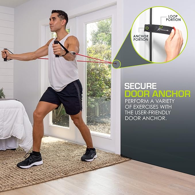 ProsourceFit Single Stackable Resistance Bands with Door Anchor and Exercise Guide, 8-12 LB, Heavy Duty Fitness Tube for Full-Body Exercises and Home Workouts, Red