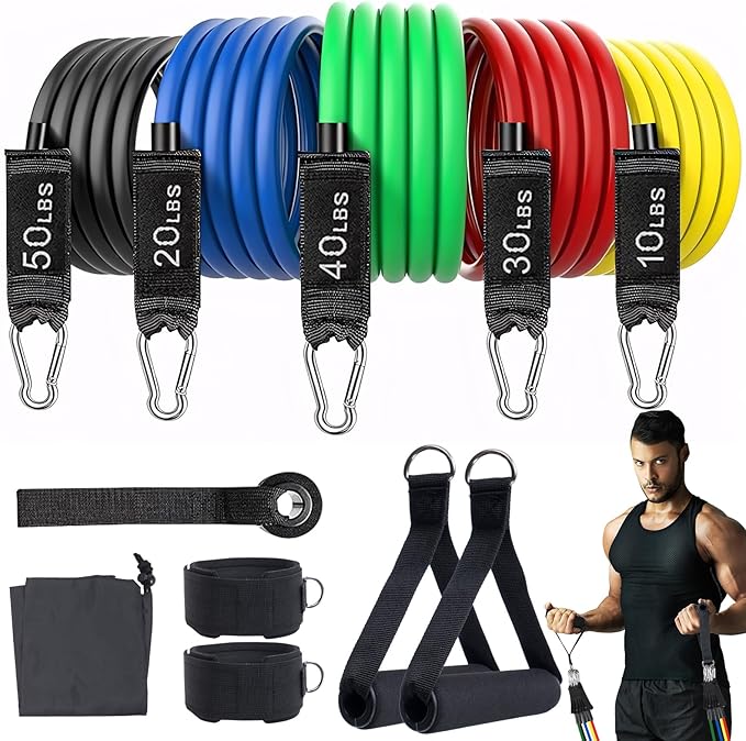 Resistance Bands Workouts Set for Men and Women with Handles - Heavy Duty 150lbs, 11 Piece Elastic Tube Kit for Gym & Home, Strength Training, Yoga, Pilates Therapy for Legs, Chest Power Systems