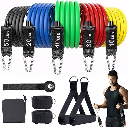 Resistance Bands Workouts Set for Men and Women with Handles - Heavy Duty 150lbs, 11 Piece Elastic Tube Kit for Gym & Home, Strength Training, Yoga, Pilates Therapy for Legs, Chest Power Systems