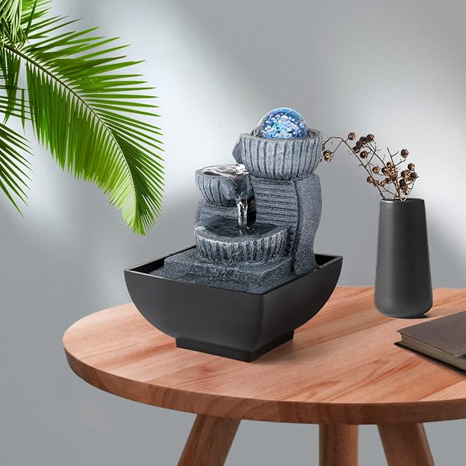 Dyna-Living Tabletop Water Fountain Indoor Relaxation Water Fountains Feng Shui Waterfall Fountain with Lights for Home Living Room Office Decor