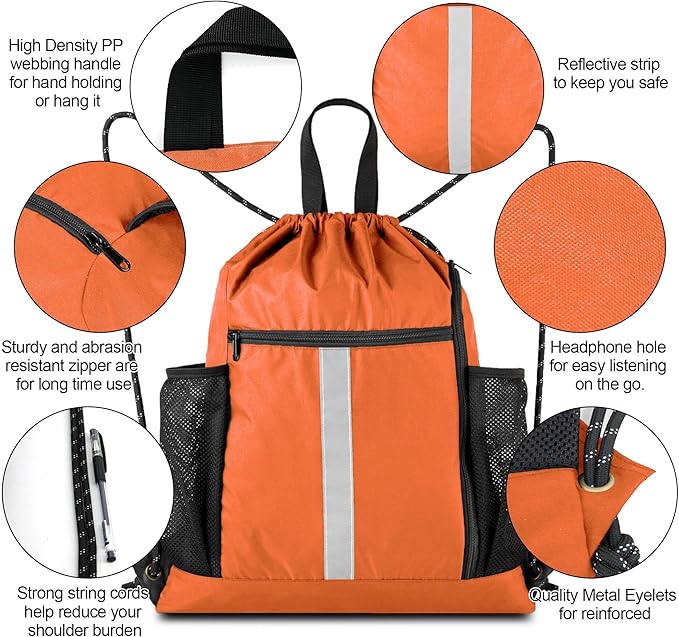 BeeGreen Orange Drawstring Backpack Bag Cinch Sack with Shoe Compartment and Two Side Mesh Pockets Lightweight Large Sturdy Drawstring Gym Sackpack For Unisex