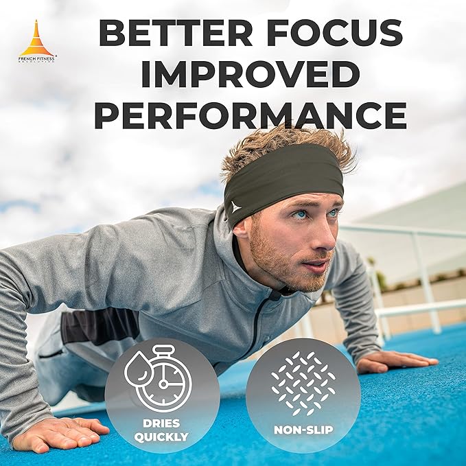 French Fitness Revolution - Stretchy Sports Headband for Men & Women - Guys Sweatband for Running, Cycling, Basketball, Yoga, Fitness - Moisture Wicking Workout Hairband - Made in Europe