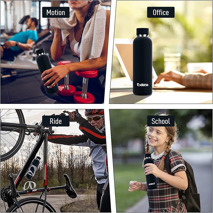 Slim Insulated Water Bottles for Travel 18oz with Clip, Double Wall Vacuum Stainless Steel Water Bottle Keeps Drinks Cold 24 Hrs/Hot 12 Hrs, 100% Leakproof, BPA Free(Black)