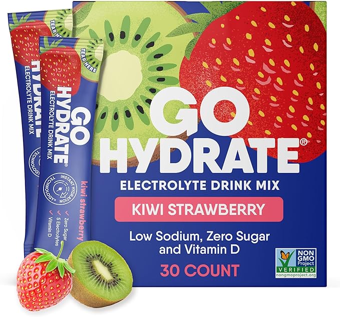 GoHydrate Instant Hydration Powder Packets - Low Sodium Electrolytes Drink Mix - Natural Hydration Support, Sugar Free Electrolyte Flavored Powder Drink with Vitamin D, 30 Packs, Kiwi Strawberry