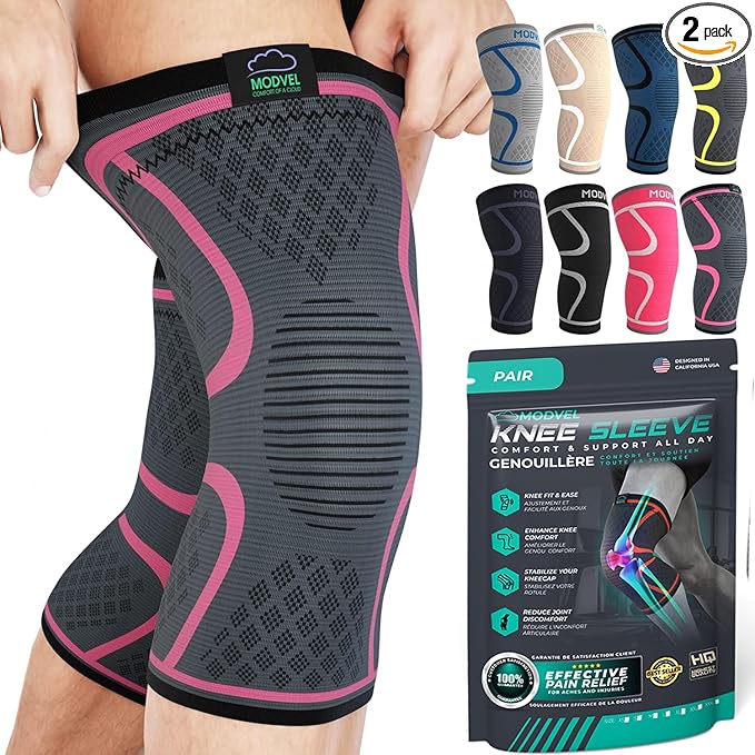 Modvel 2 Pack Knee Brace for Women & Men - Workout Knees Compression Sleeve for Knee Pain Relief Joint Support for ACL, Arthritis, Meniscus Tear Knees Brace for Sports, Rodilleras para Gym Fitness