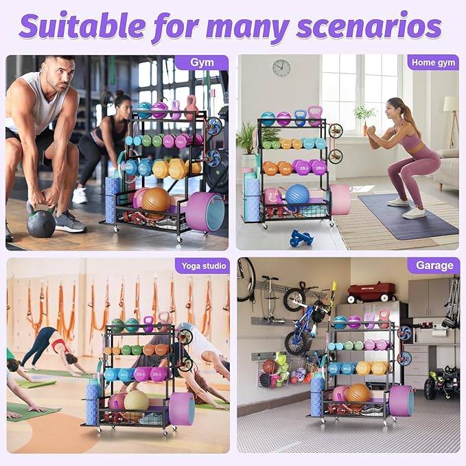 Dumbbell Rack,Home Gym Storage Rack,Total Weight Capacity 490 lbs,Weight Rack with Wheels/Strength Training Equipment Storage Rack with Hooks,Stores Dumbbells,Kettlebells,Yoga Mats