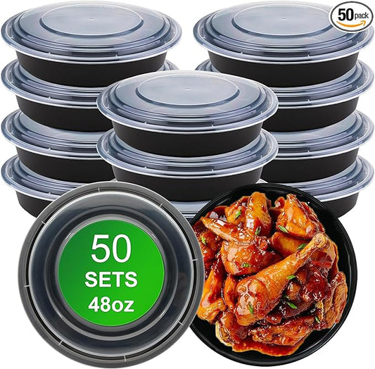 Round Meal Prep Containers with Lids, 50 Pack 48oz (100-Piece) Disposable Leakproof Take Out Food Storage Containers, Plastic To Go Lunch Boxes, BPA Free, Microwave/Dishwasher/Freezer Safe