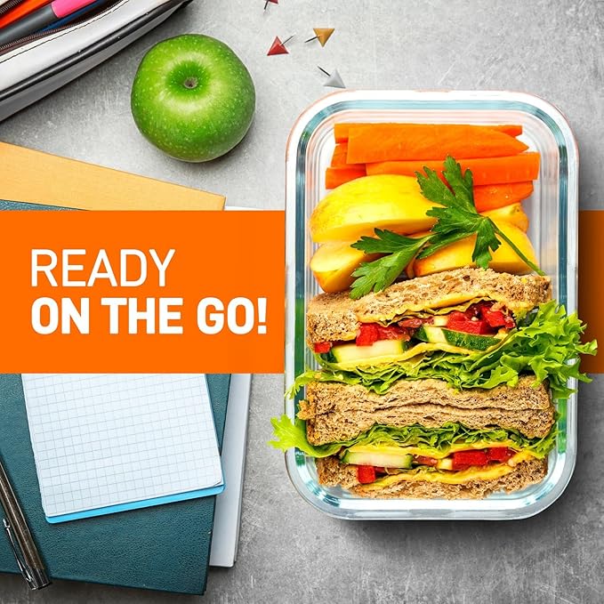 NutriChef 10-Piece Glass Food Containers - Stackable Superior Glass Meal-prep Storage Containers, Newly Innovated Leakproof Locking Lids w/Air Hole, Freezer-to-Oven-Safe (Red)