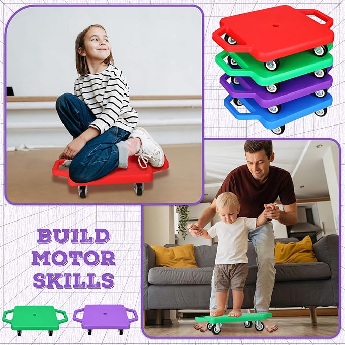Jerify 4 Pieces Sports Scooter Board with Handles Plastic Casters Floor Sitting Scooter Boards for Kids Children Gym Indoor Outdoor Activities Play Equipment, 11.22 x 11.22 inch