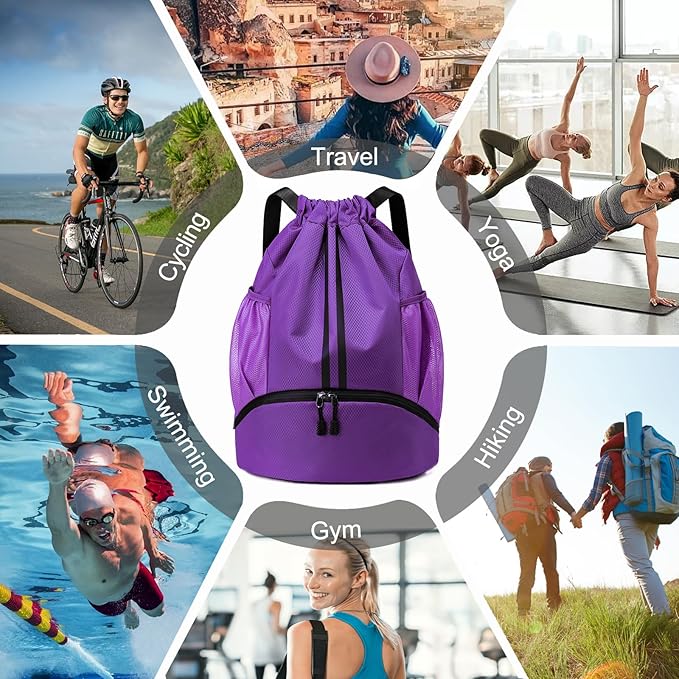 Hoedia Sports Drawstring Backpack - String Swim Gym Bag with Shoes Compartment and Wet Proof Pocket for Women/Men (Purple)