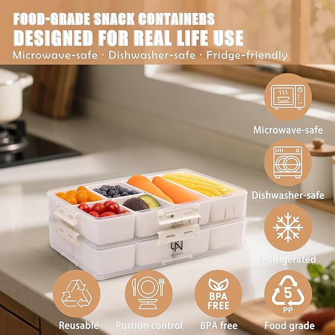 Stackable Snackle Box Container with 2 Lids - BPA-Free Snackle box Organizer, Dishwasher & Microwave Safe Reusable Snacklebox for Veggies, Fruits, Charcuterie, Snacks (White, 2 Pack)
