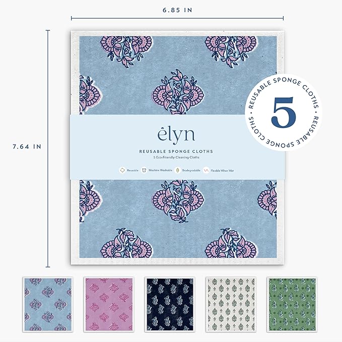 ELYN Swedish Dishcloths, Reusable & Washable Sponge Cloths, Absorbent Cleaning Paper Towels for Kitchen, Dishes, Counters and More, 5 Pack, Assorted Vintage Block Print Patterns