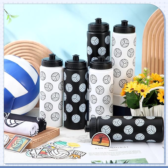 24 Pcs Volleyball Water Bottle Volleyball Cooling Towel Set with 50 Sticker Sports Party Favors Include 6 Reusable Sports Squeeze Water Bottle 6 Ice Towel Breathable Fast Drying for Team Gifts