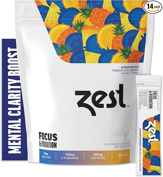 Zest Caffeine, L-Theanine, & Alpha GPC - Focus & Electrolyte Hydration Powder - Pineapple Blueberry - Mix w/Water - 14 Packets - Nootropic Brain Booster Supplement Drink - Low Sugar Liquid Enhancer