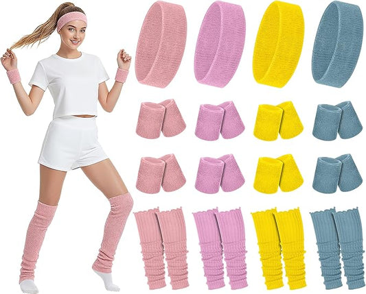 Hillban 4 Set 80s Leg Warmer Workout Set Women Men Neon Headband Rainbow Wristband Outfit Halloween 80s 90s Accessories