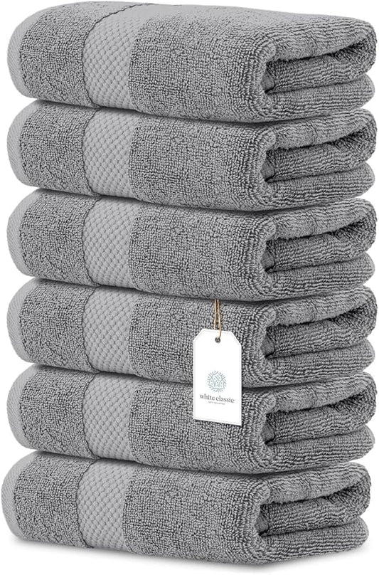 White Classic Luxury Hand Towels | 100% Turkish Cotton Hotel spa Bathroom Towel | 16x30 | 6 Pack | Light Grey