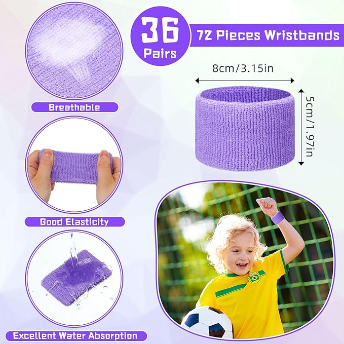 Leyndo 72 Pcs Wrist Sweatbands Bulk for Kids Field Day Cotton Terry Sweat Bands Sports Fan Wristbands Kids for Summer Camp Student Football Team Competition Party