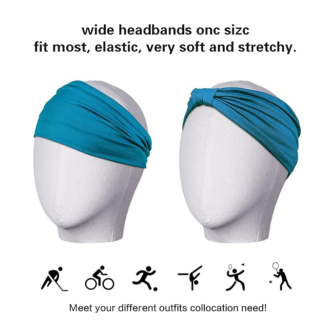 GiLi 2 Pack Wide Headbands for Women Boho African Knotted Non Slip Fashion Hair Bands Yoga Running Sports Workout Gym Head Wraps Elastic Soft Cotton Cloth Turbans Bandana for Girls (Dark Green, Teal)