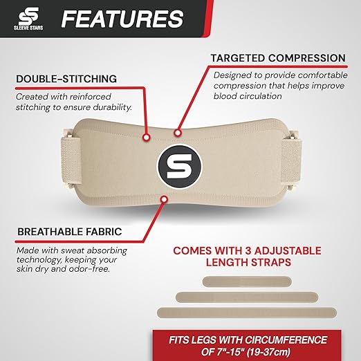 Sleeve Stars Swedish Brand Patellar Tendon Support Strap for Women & Men Effective Osgood Schlatter Knee Brace Youth & Kids Knee Brace with 3 Adjustable Length fits 7"-15" (Single/Beige/Kids)
