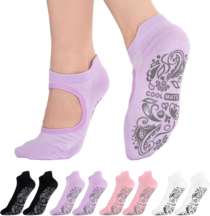 CoolMate Pilates Socks with Grips for Women, Yoga Socks, Crew Non Slip Women for Workout, Barre, Pilates Gifts