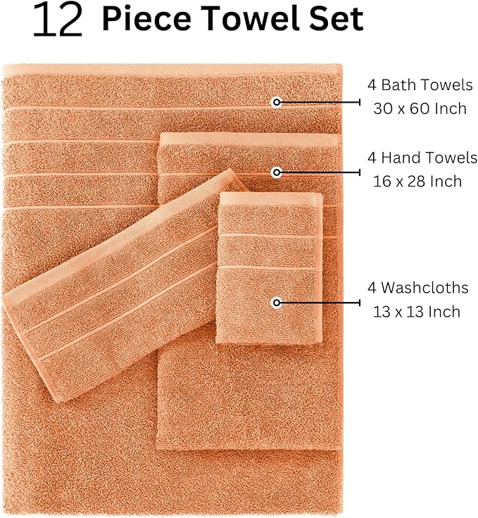 Casa Platino 100% Cotton Bathroom Towel Set - 12 Pc - Ringspun, Quickdry, Super Soft & Highly Absorbent - 4 Large Bath Towels, 4 Washcloths, 4 Hand Towel - Pre Shrunk & Fade Resistant - Peach Fuzz