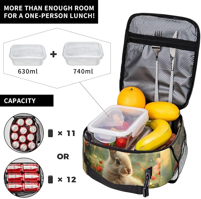 Insulated Lunch Box for Women Men, Cute Bunny Lunch Box Reusable Portable Lunch Bag Cooler Tote Waterproof Lunch Container for Office Picnic Work Travel Hiking
