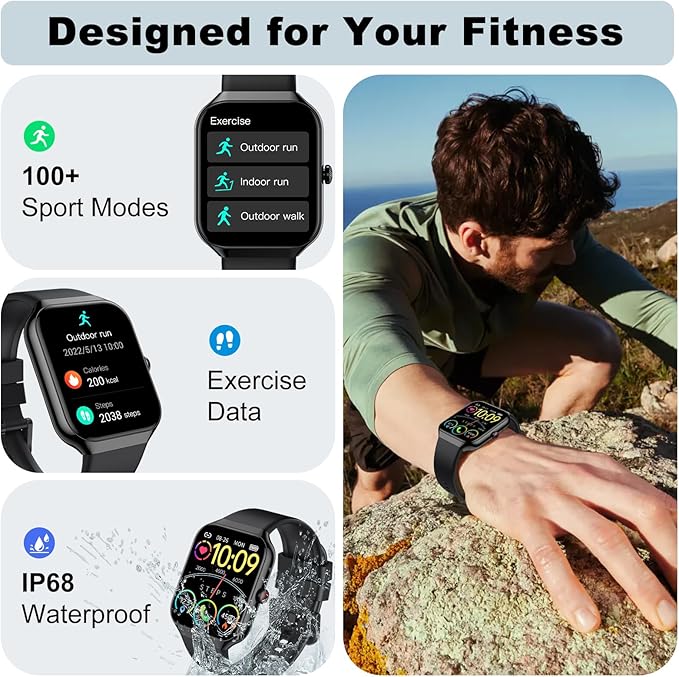 Smart Watch for Men Women, 1.96" Smartwatch (Answer/Make Call), Fitness Tracker IP68 Waterproof, 100+ Sport Modes, Heart Rate and Sleep Monitor, Pedometer, Smartwatches for Android iOS