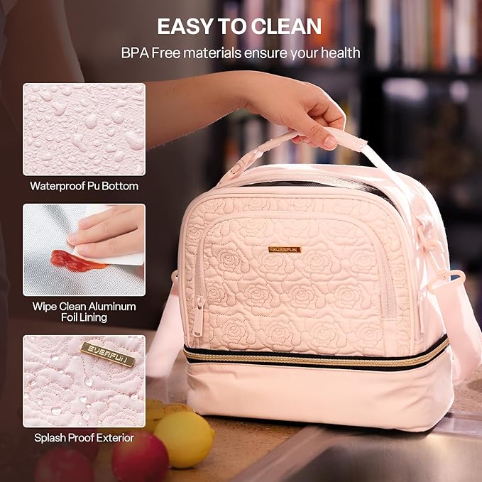 Everfun Womens Lunch Box Two Compartments Insulated Lunch Tote Bag Large Leakproof Soft Cooler for Work Picnic Travel, Pink