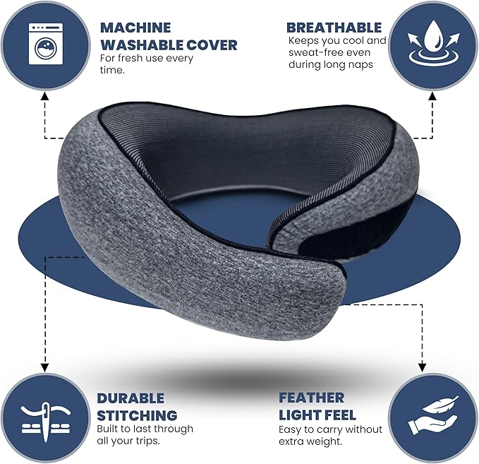 Premium Memory Foam Travel Neck Pillow for Airplane & Car – Updated Ergonomic Wrap-Around Design with Adjustable Strap, Washable Cover, Carry Bag & Sleep Mask– Travel Essentials for Men & Women