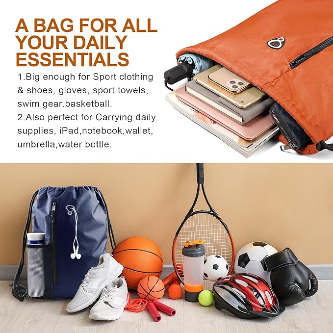 BeeGreen Orange Drawstring Backpack Gym Bag For Men & Women – Sports Sackpack with Mesh Water Bottle Holder & 2 Zippered Pockets – Large 16x20 Inch Cinch String Backpack