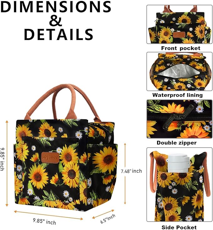 Joymee Lunch Bag Women Insulated Lunch Box Reusable Leakproof Large Spacious Cooler Tote for Womens Mens Adults with Bottle Holder and Side Pockets for Work Office Travel Picnic - Sunflower
