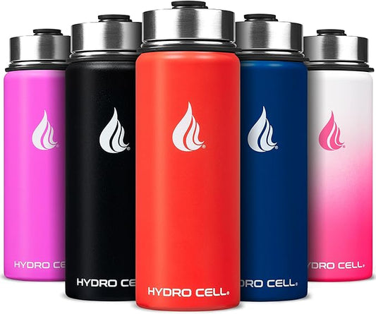 HYDRO CELL Stainless Steel Insulated Water Bottle w/Straw, 2 Lids Metal Vacuum Flask with Modern Leakproof Sport Straw Design (Mandarin 18oz)