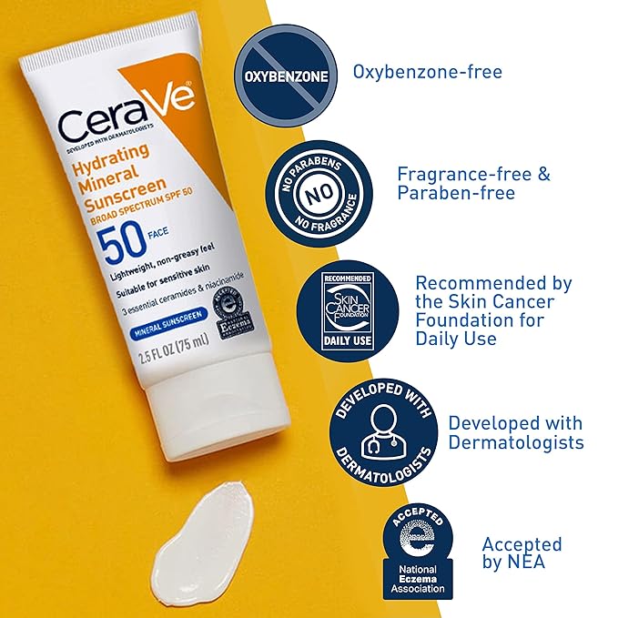 CeraVe 100% Mineral Sunscreen SPF 50, Face sunscreen With Zinc Oxide & Titanium Dioxide, Hyaluronic Acid + Niacinamide + Ceramides, Oil Free, Travel Size 2.5 oz