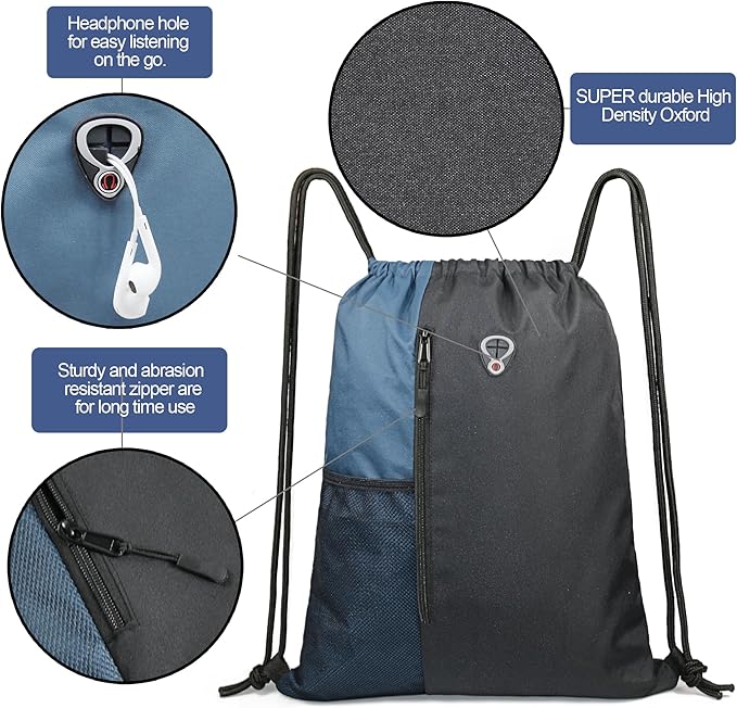 BeeGreen Haze Blue Drawstring Backpack Gym Bag For Men & Women – Sports Sackpack with Mesh Water Bottle Holder & 2 Zippered Pockets – Large 16x20 Inch Cinch String Backpack