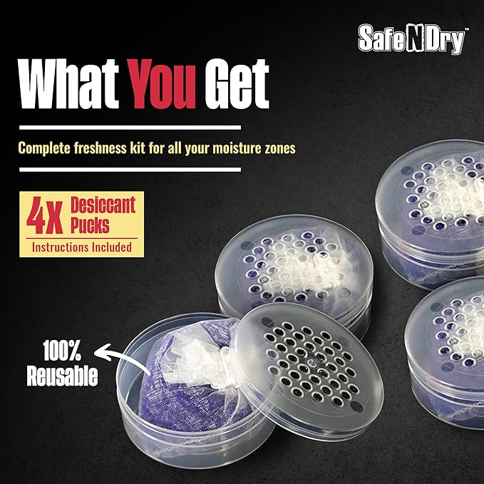 Shoe Deodorizers & Desiccant Pucks – 4-Pack Moisture Absorbers for Shoes, Gym Bags & Lockers - Odor Eliminator for Sneakers & Boots – Color-Changing Silica Gel, Reusable & Long-Lasting