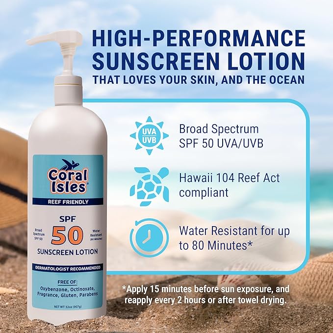 Coral Isles Sunscreen SPF 50 | Hawaii Compliant | Octinoxate & Oxybenzone Free | Broad Spectrum UVA/UVB Protection | Water Resistant 80 Min. | Fragrance Free | 32 Fl Oz Quart w/Pump