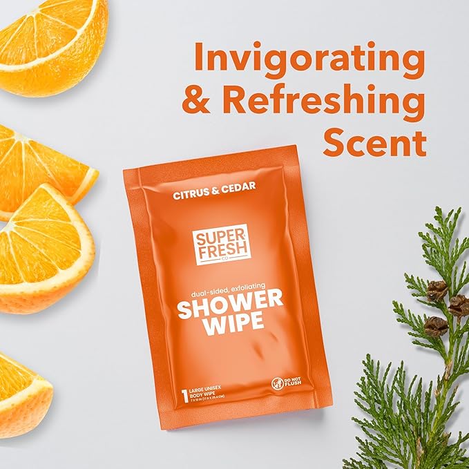 Super Fresh Shower Wipes Large Citrus & Cedar Body Wipes for No Rinse Bathing Personal Hygiene Gym Travel or Camping Enriched with Aloe and Vitamin E 10 Individually Wrapped Disposable Sheets