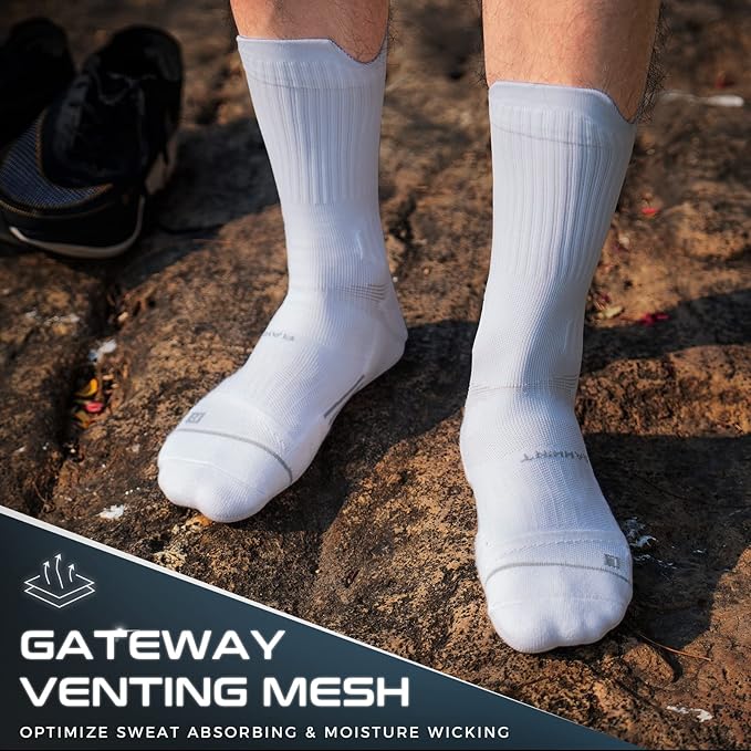 Compression Running Socks 3 Pairs, Cushion Crew Socks, Anti-Blister Moisture Wicking Athletic Hiking Basketball Socks